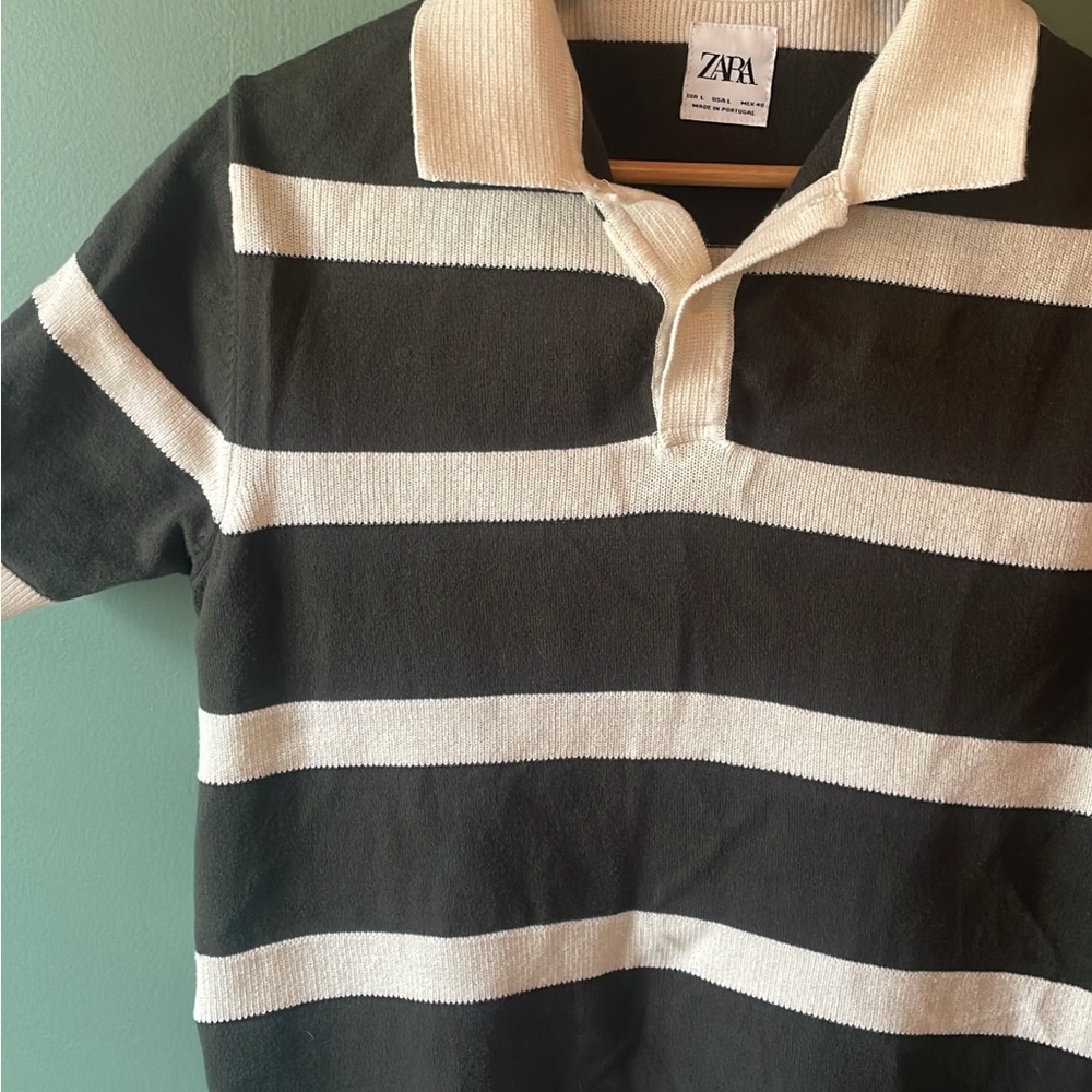 ZARA Men’s Green and Cream Striped Polo Shirt